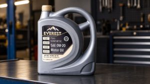 A 5-litre bottle of Everest Full Synthetic SAE 0W-20 motor oil, API SQ and ILSAC GF-7A certified, on a workshop bench